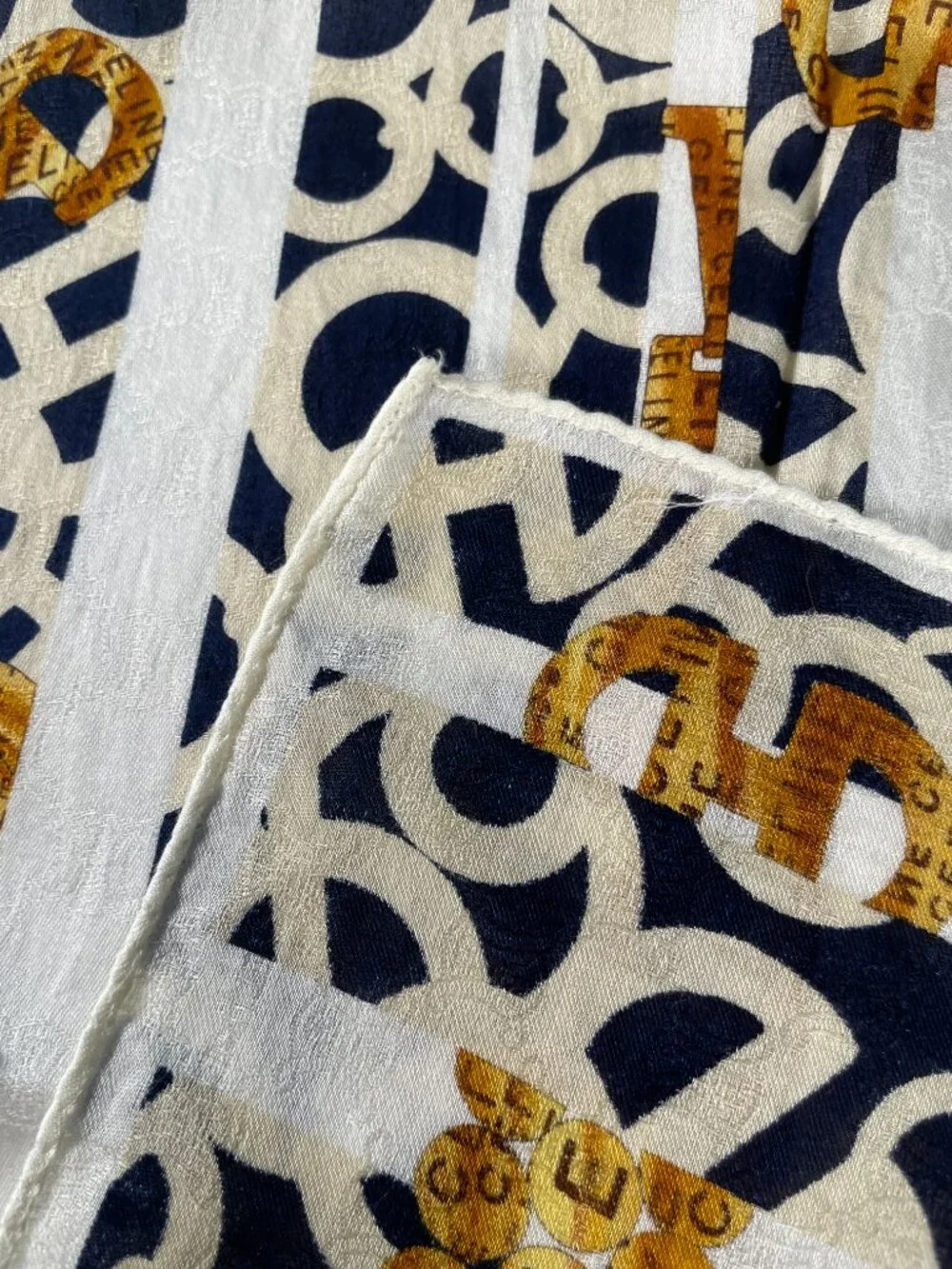 Celine Vintage Cotton Scarf Navy Ivory Gold Logo Stripe Print 22” - Picture 4 of 13